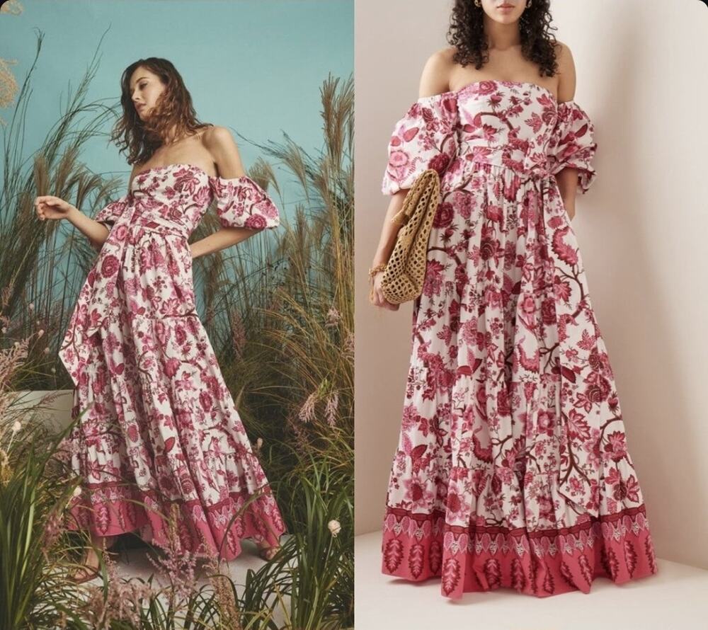 $900 Cara Cara Pink Floral Off The Shoulder Wethersfield Jacobean Rouge Dress 2